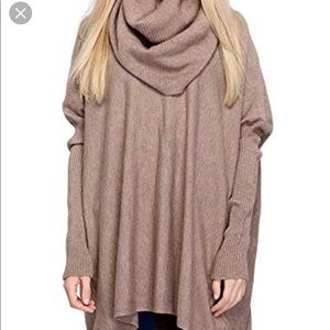 Long sleeve, loose cowl-neck, pullover, tan.